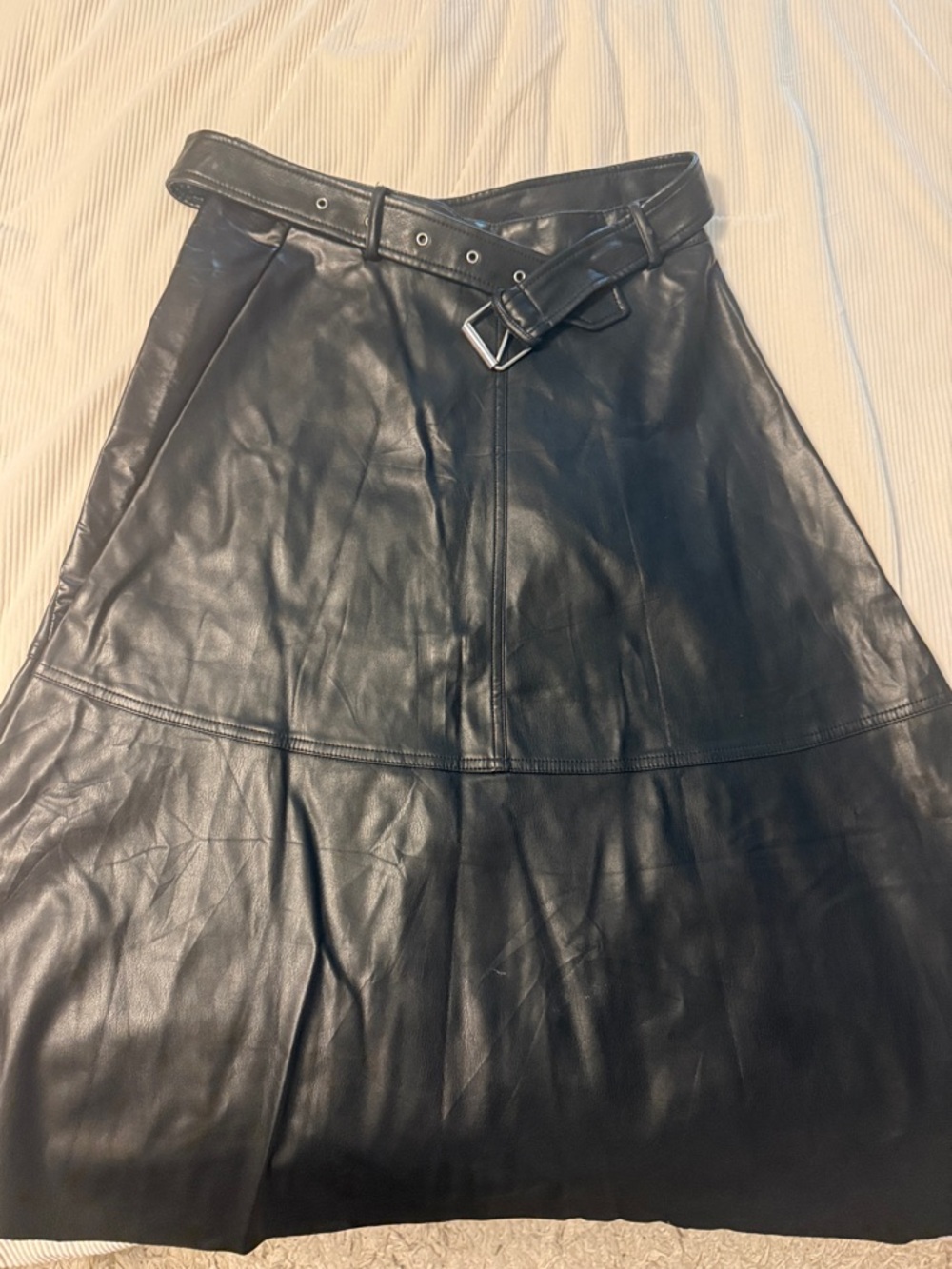Zara Black Faux Leather A-Line Skirt with Waist Belt
